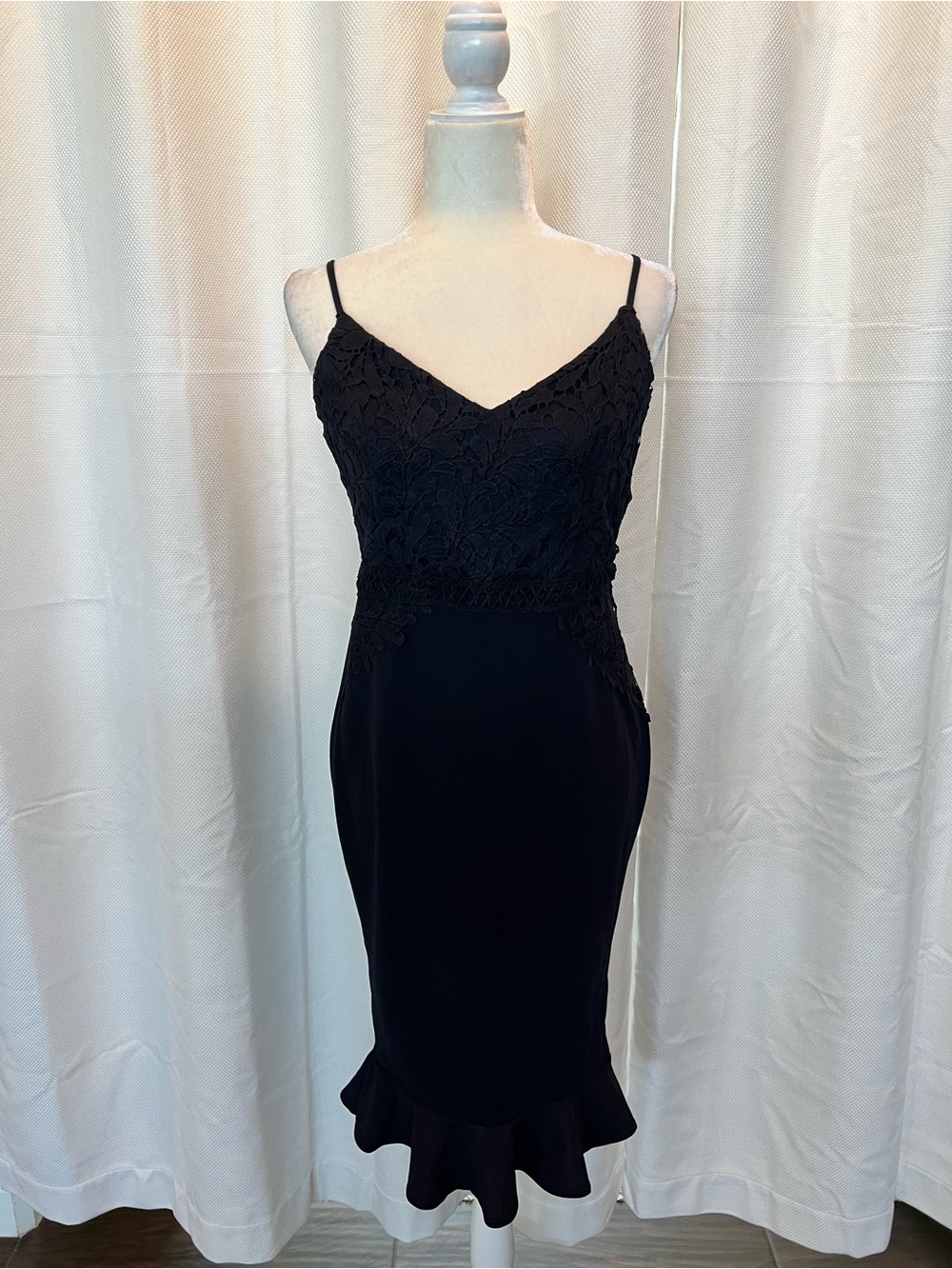 Elegant Black Lace on navy Midi Dress with Ruffle Hem